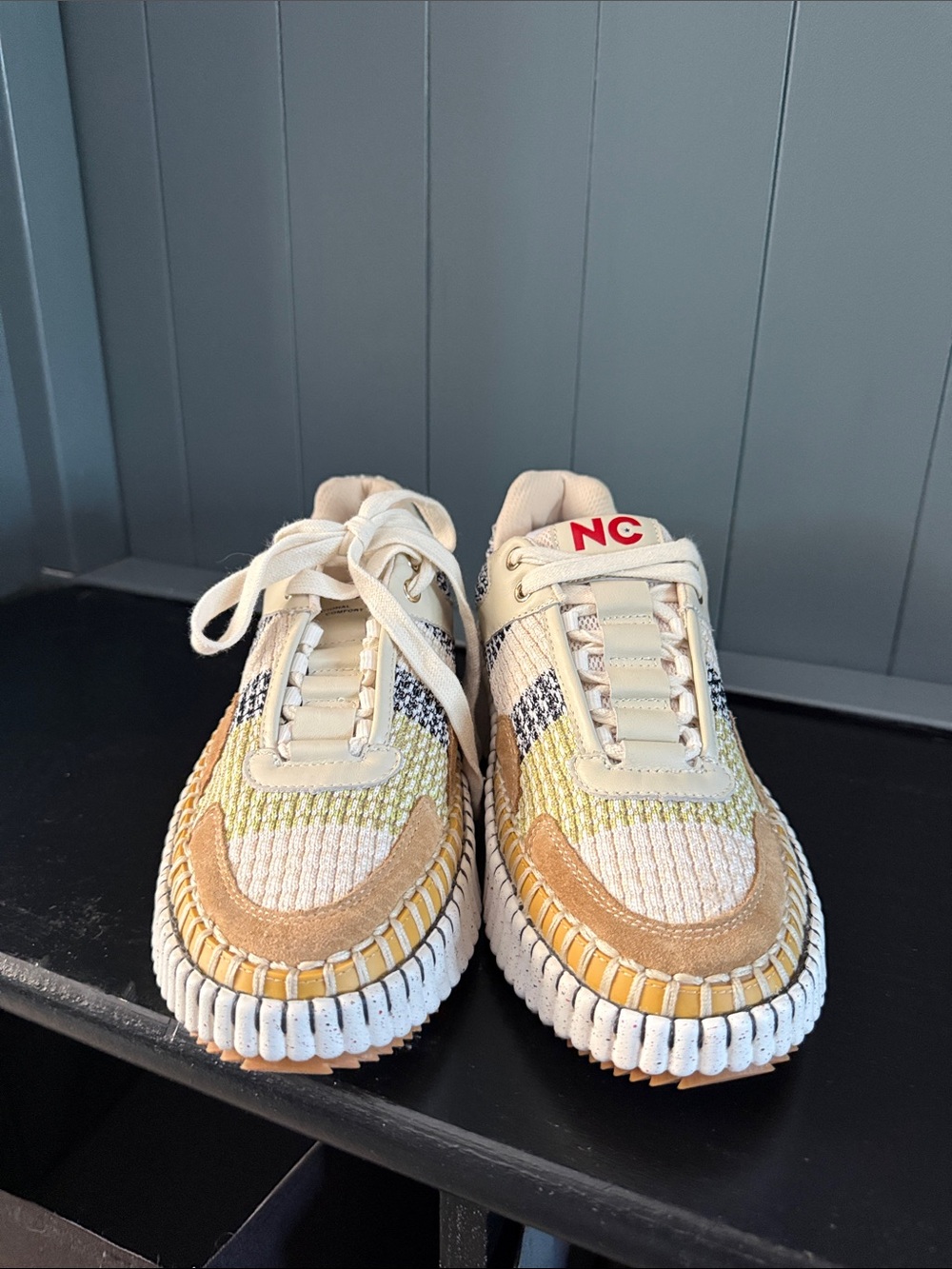 Womens NC National Comfort Neutral Multi-Texture Casual Sneakers - Cream & Tan